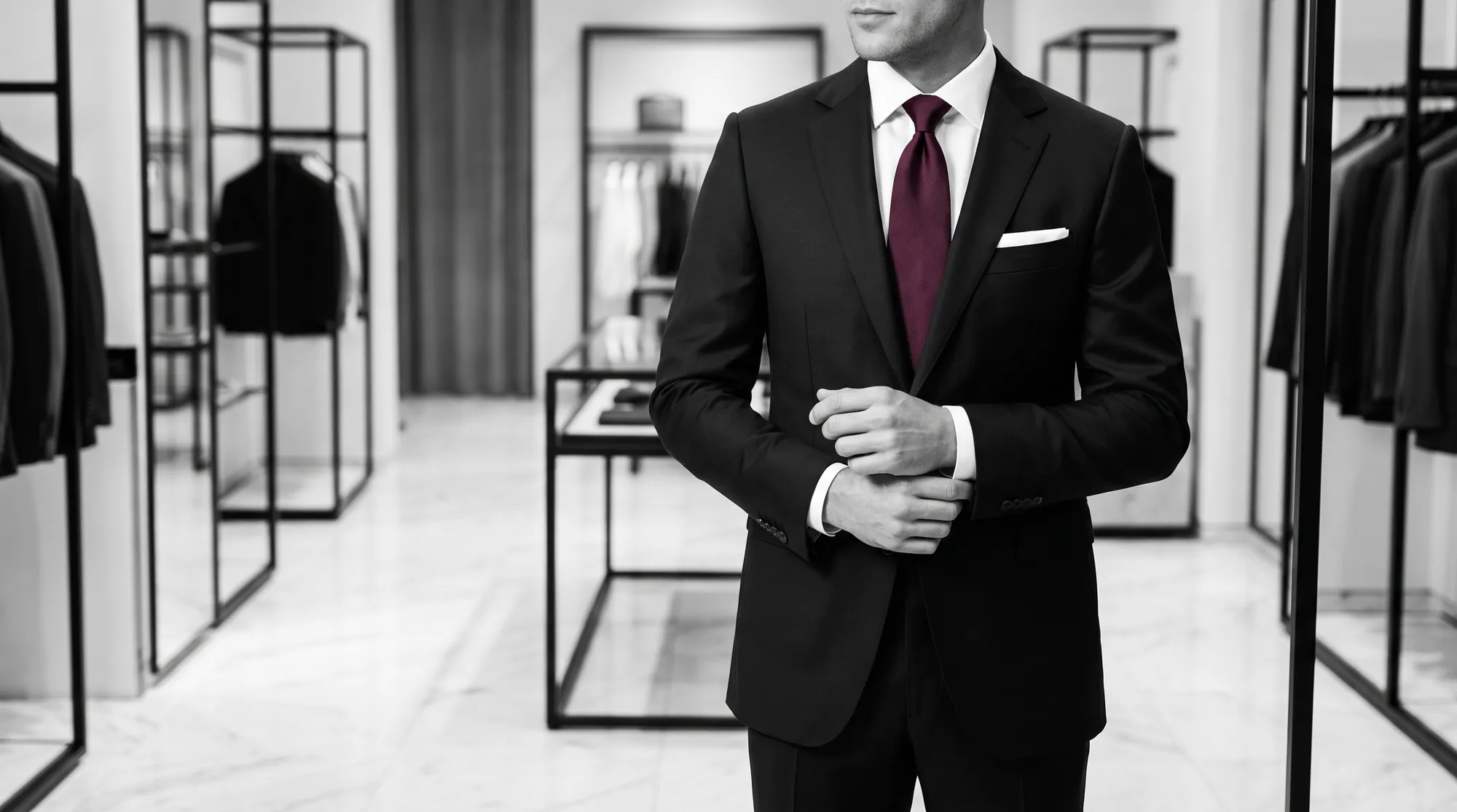 A man in a perfectly fitted navy suit and burgundy tie