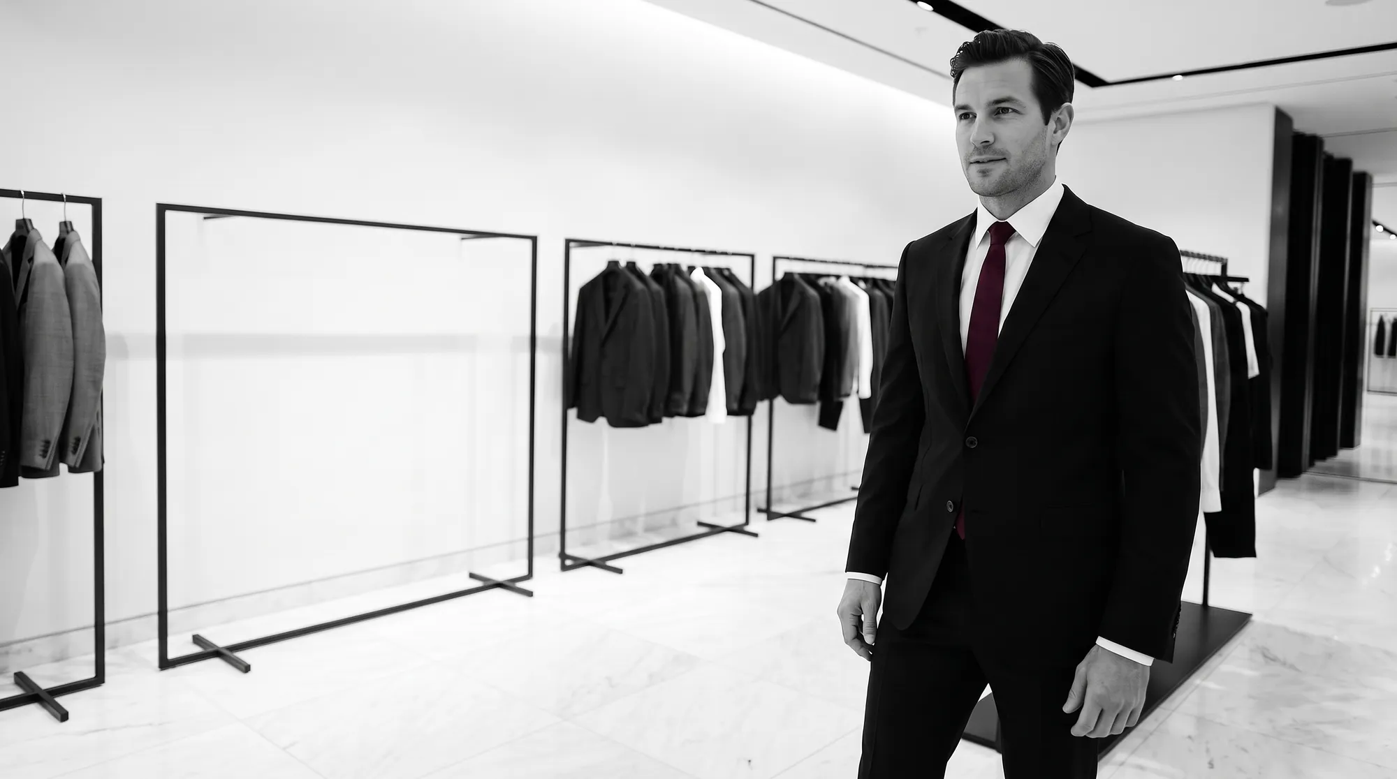 A man in a tailored black suit in the Mr Suits boutique